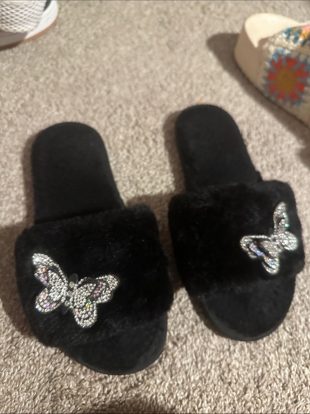 Primark Black Faux Fur Slide Slippers with Rhinestone Butterfly